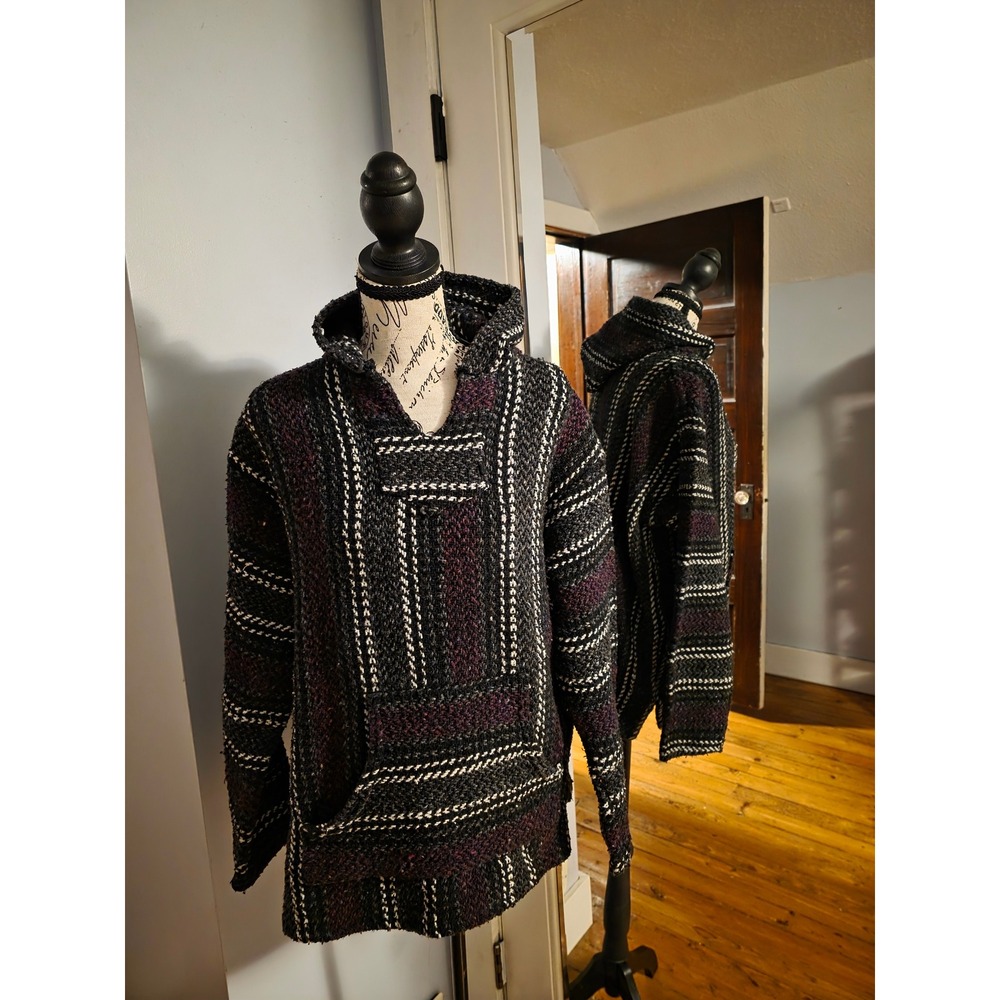 Baja Joe Mexican Drug Rug Hoodie Black Purple Striped Woven Pullover Large